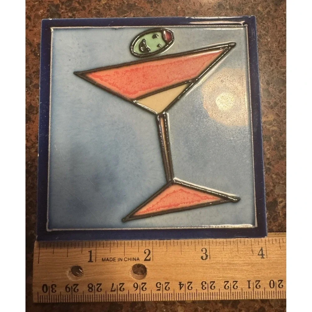 Set of 3 Mid-Century Retro Martini Glass Ceramic Tile Coasters Bar Decor